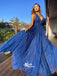 Sparkle Royal Blue Spaghetti Strap Gradient Tulle V-neck A-line Evening Party Long Prom Dresses, WGP101