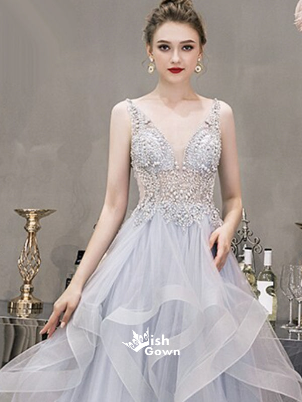 Pale Blue A-line Organza Beads Lace V-back See Through Top Long Evening Prom Dress, WGP102