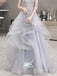 Pale Blue A-line Organza Beads Lace V-back See Through Top Long Evening Prom Dress, WGP102