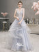 Pale Blue A-line Organza Beads Lace V-back See Through Top Long Evening Prom Dress, WGP102