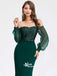 Teal Green Off Shoulder Sequin Top Satin Mermaid Evening Gowns Long Prom Dress With Tulle Sleeve, WGP103