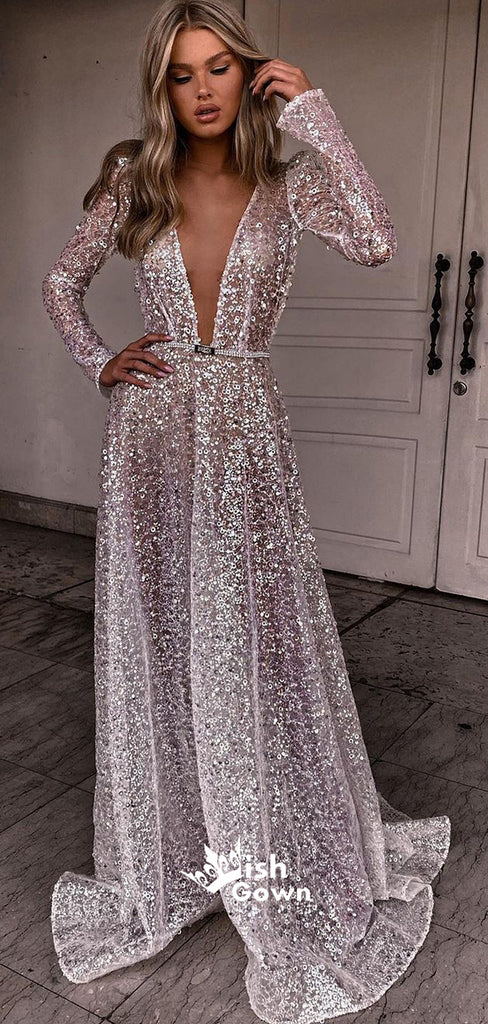 Gorgeous Sequin Long Sleeves Deep V-neck A-line Sexy Long Prom Dresses, WGP109