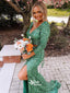 Two Piece Slit Sequins Long Sleeve V-neck Lace Up Mermaid Long Prom Dresses , WGP115