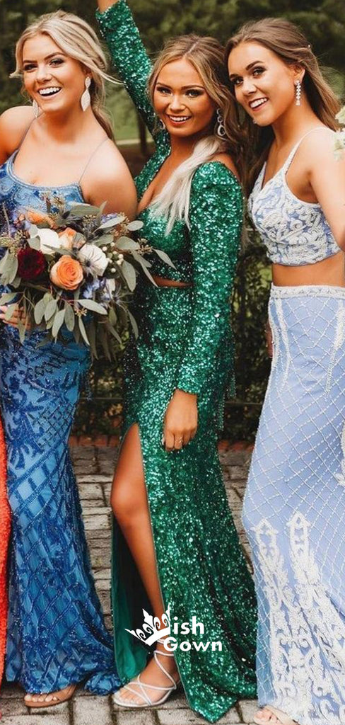 Two Piece Slit Sequins Long Sleeve V-neck Lace Up Mermaid Long Prom Dresses , WGP115