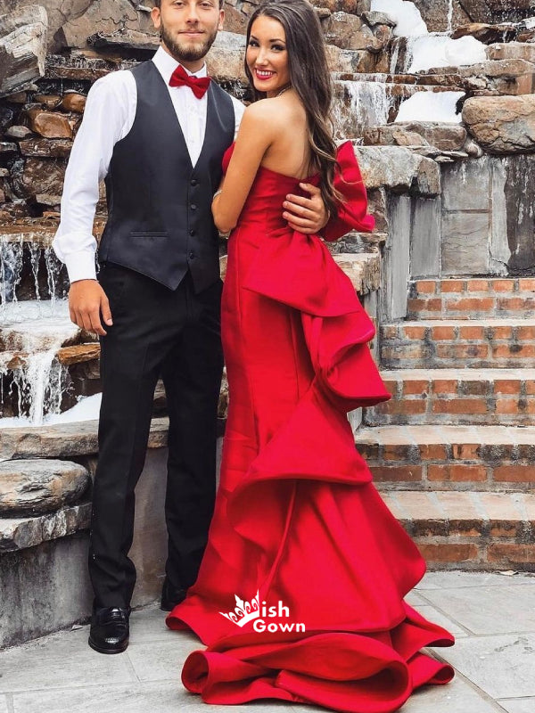 Red Satin Bow-knot Strapless Mermaid Long Prom Dresses , WGP117