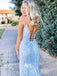 Sky Blue Appliques Tulle Spaghetti Strap Mermaid Long Prom Dresses , WGP118