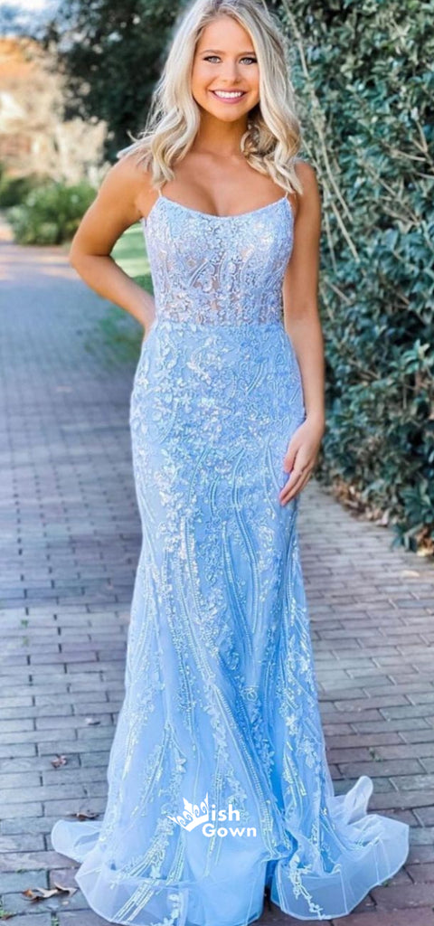 Sky Blue Appliques Tulle Spaghetti Strap Mermaid Long Prom Dresses , WGP118