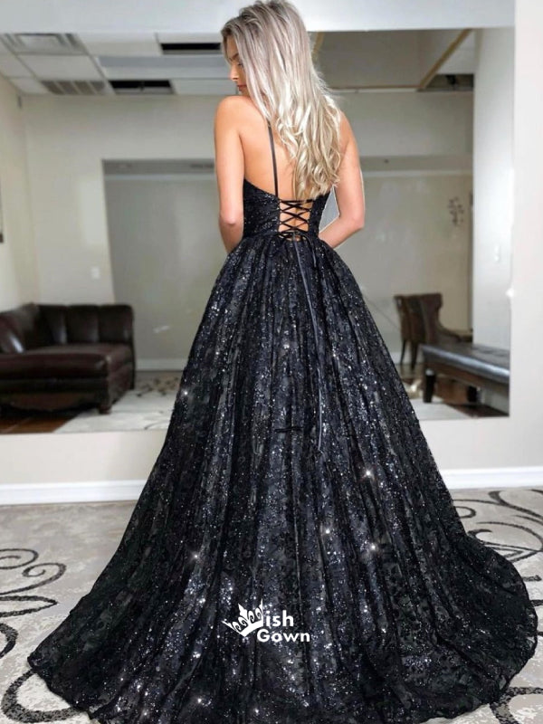 Black Sequins Lace Up Back Spaghetti Strap A-line Long Prom Dresses , WGP122