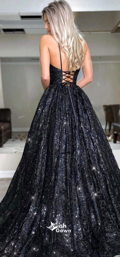 Black Sequins Lace Up Back Spaghetti Strap A-line Long Prom Dresses , WGP122