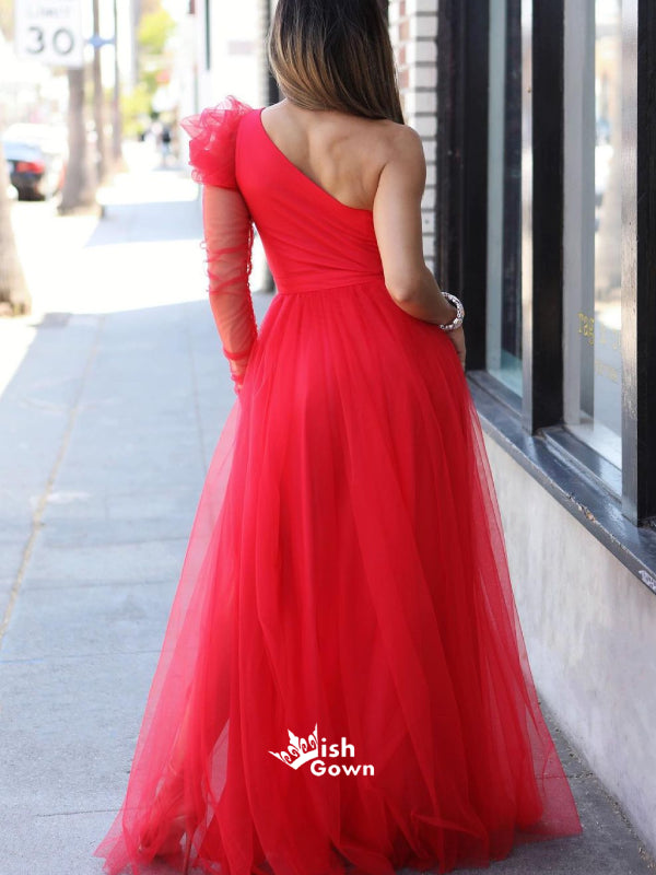 Chic Red Tulle One Shoulder A-line Side Split Long Prom Dresses , WGP124