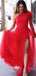 Chic Red Tulle One Shoulder A-line Side Split Long Prom Dresses , WGP124