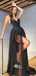 Sweetheart Strapless Black Sequins Soft Satin Slits Mermaid Evening Gowns Prom Dresses , WGP137