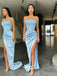 Sky Blue Strapless Sequins Top Soft Satin Pleats Slits Mermaid Evening Gowns Prom Dresses , WGP143