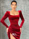 Burgundy Velvet Long Sleeves Square Neck Slits Mermaid Evening Gowns Prom Dresses , WGP144