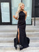 Chic Black Halter Backless Silver Tassels Mermaid Slits Evening Gowns Prom Dresses , WGP154