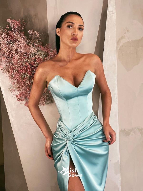 Sweetheart Satin Strapless Pleats Slits Mermaid Evening Gowns Prom Dresses , WGP156