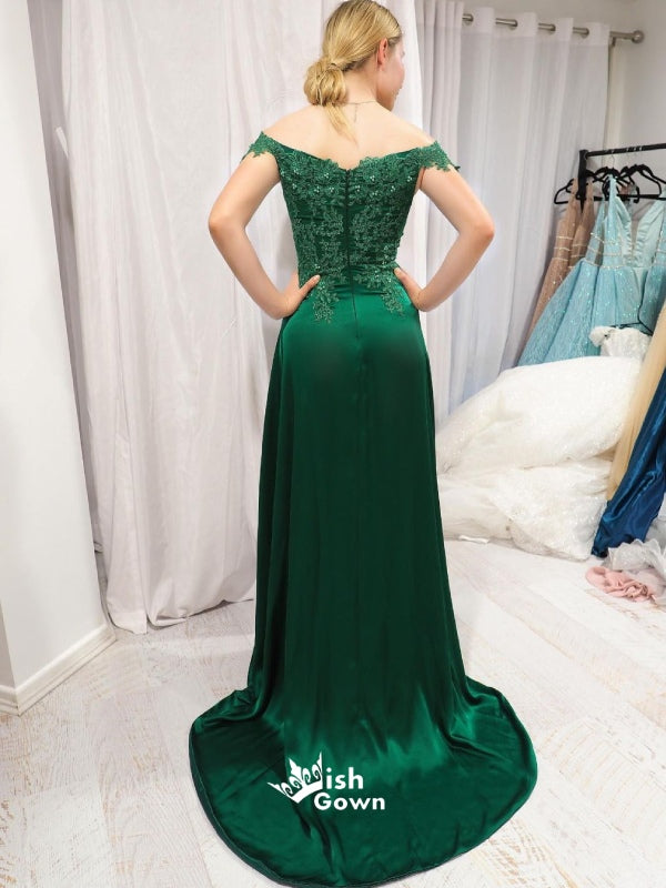 Green Lace Off Shoulder Appliques Slits A-line Evening Gowns Prom Dresses , WGP161