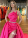 Hot Pink Strapless Satin Pleats Slits A-line Evening Gowns Prom Dresses, WGP172