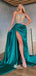 Gorgeous Rhinestone Strapless Green Satin Slits A-line Evening Gowns Prom Dresses, WGP174