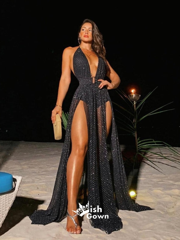 Sexy Black Sequins Halter Backless Double High Slits A-line Evening Gowns Prom Dresses, WGP175