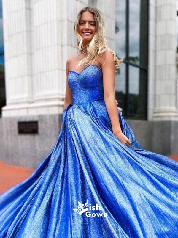 Blue Sparkly Sweetheart Criss Cross Backless A-line Evening Gowns Prom Dresses, WGP178