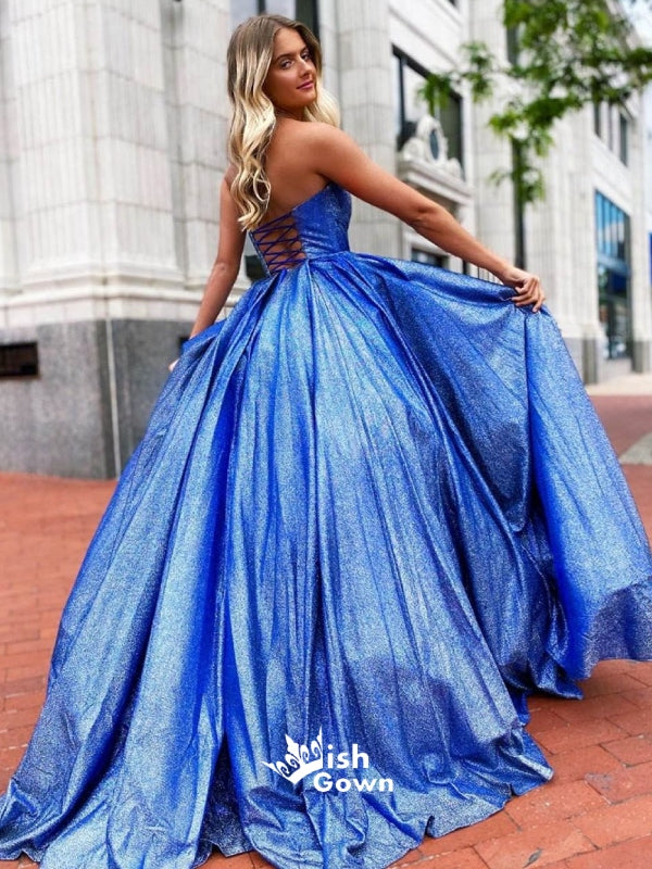 Blue Sparkly Sweetheart Criss Cross Backless A-line Evening Gowns Prom Dresses, WGP178