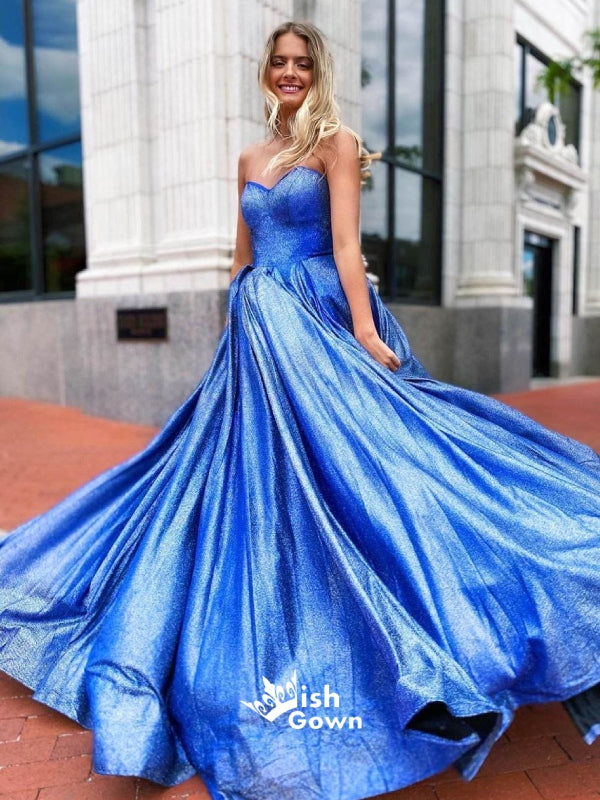 Blue Sparkly Sweetheart Criss Cross Backless A-line Evening Gowns Prom Dresses, WGP178