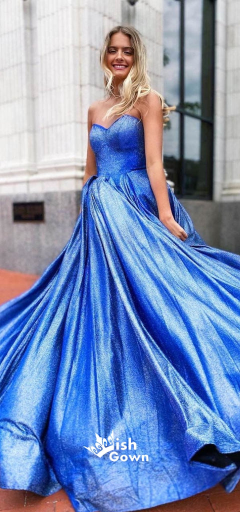 Blue Sparkly Sweetheart Criss Cross Backless A-line Evening Gowns Prom Dresses, WGP178