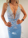 Blue Soft Satin Deep V-neck Appliques Mermaid Evening Gowns Prom Dresses, WGP183