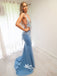 Blue Soft Satin Deep V-neck Appliques Mermaid Evening Gowns Prom Dresses, WGP183