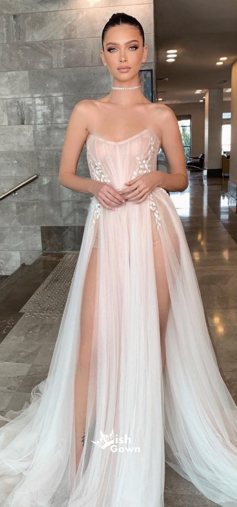 Ivory Strapless Appliques Double High Slits A-line Tulle Evening Gowns Prom Dresses, WGP184