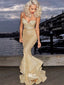 Sexy Spaghetti Straps Gold Sparkly Sequin Slit Mermaid Long Prom Dress Evening Gown, WGP190