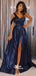 Navy Blue One Shoulder Shiny Sequins Split A-Line Evening Gowns Prom Dresses, WGP192