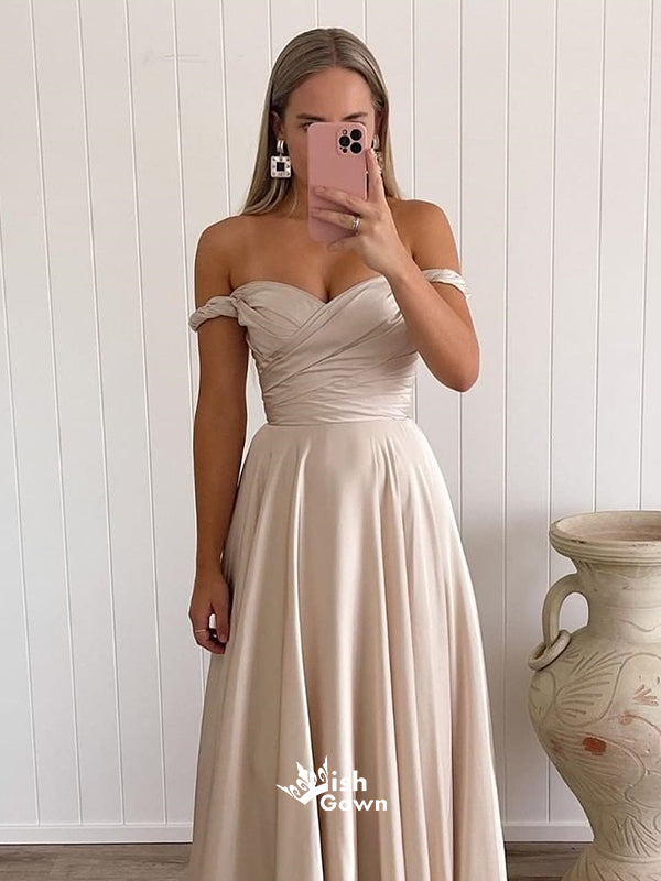 Champagne Off Shoulder Sweetheart Soft Satin Pleats A-line Evening Gowns Prom Dresses, WGP201