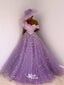 Purple Sweetheart Off Shoulder Appliques Tulle A-line Evening Gowns Prom Dresses, WGP205