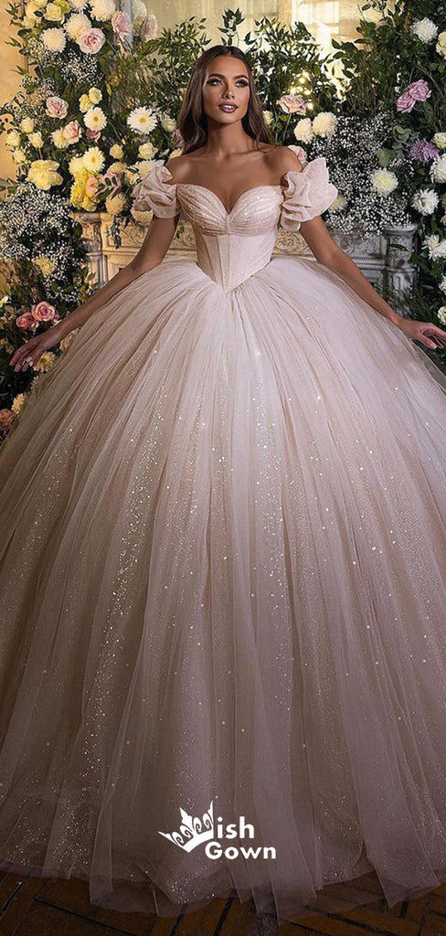 Courtly Style Puff Sleeve Pleating Sequins Tulle Ball Gown Wedding Dresses Prom Dresses, WGP214