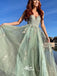 Light Green Spaghetti Straps Appliques Tulle A-line Long Party Gowns Prom Dresses, WGP217