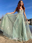 Light Green Spaghetti Straps Appliques Tulle A-line Long Party Gowns Prom Dresses, WGP217