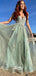 Light Green Spaghetti Straps Appliques Tulle A-line Long Party Gowns Prom Dresses, WGP217