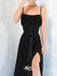 Black Spaghetti Straps Criss Cross Lace-up Slits Sheath A-line Evening Gowns Prom Dresses, WGP222