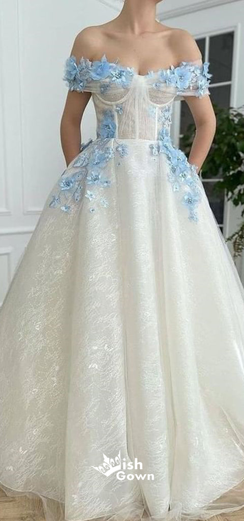 Off Shoulder Blue Handmade Flowers A-line Evening Gowns Prom Dresses, WGP226