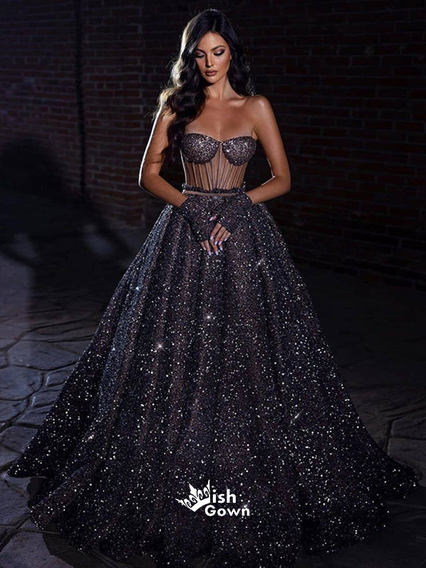 Black Starry Sky Sequins Shinny A-line Sweetheart Strapless Evening Gowns Prom Dresses, WGP238