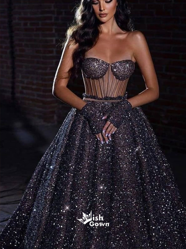 Black Starry Sky Sequins Shinny A-line Sweetheart Strapless Evening Gowns Prom Dresses, WGP238