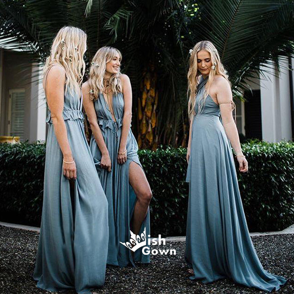 Blue Spaghetti Strap A-line Ruffles High Split Backless Long Bridesmaid Dresses, YPS114