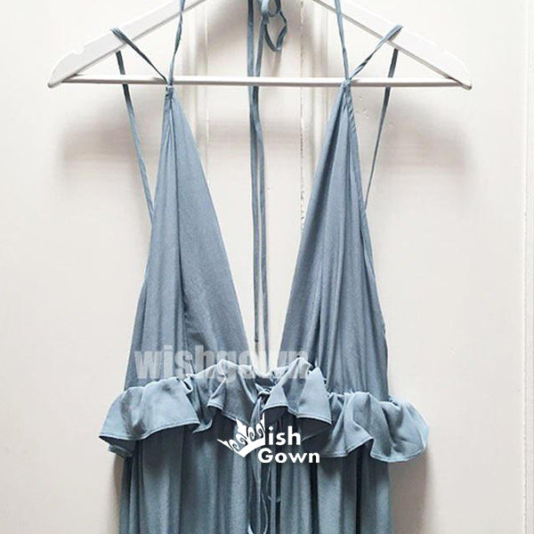 Blue Spaghetti Strap A-line Ruffles High Split Backless Long Bridesmaid Dresses, YPS114