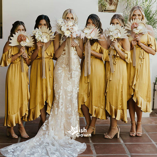 Yellow Ruffles Off Shoulder Spaghetti Straps A-ine Tea-length Bridesmaid Dresses, YPS115