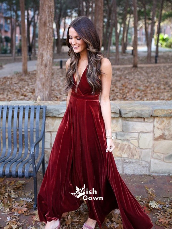 Elegant Burgundy V-neck Velvet Long Wedding Guest Dresses Bridesmaid Dresses, YPS155