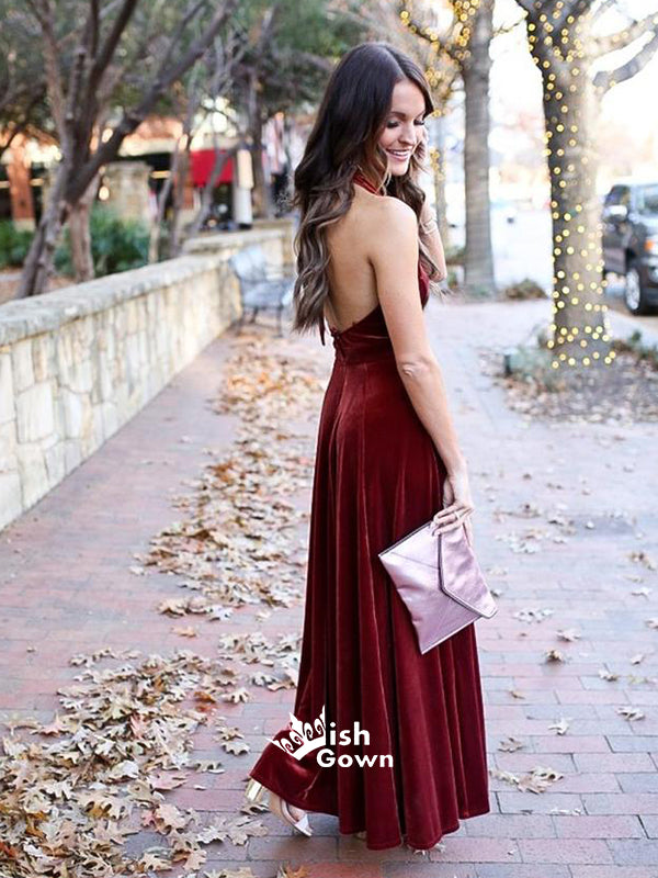 Elegant Burgundy V-neck Velvet Long Wedding Guest Dresses Bridesmaid Dresses, YPS155