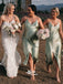 Elegant Green Soft Satin Spaghetti Strap V-neck Side Split Tea-length Bridesmaid Dresses, YPS156