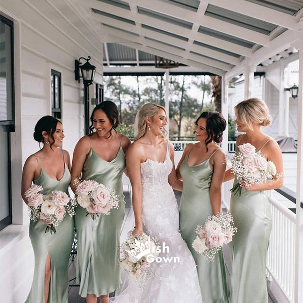 Elegant Green Soft Satin Spaghetti Strap V-neck Side Split Tea-length Bridesmaid Dresses, YPS156